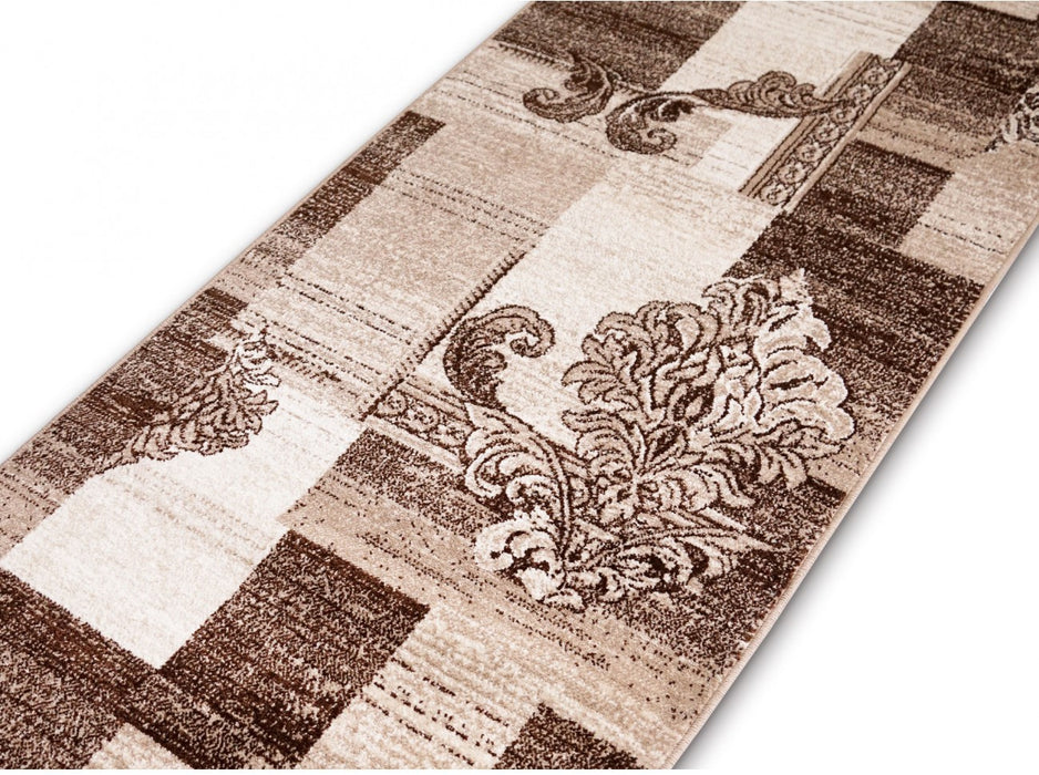 Covor crem maro cu model geometric si floral potrivit pentru dormitor sau living