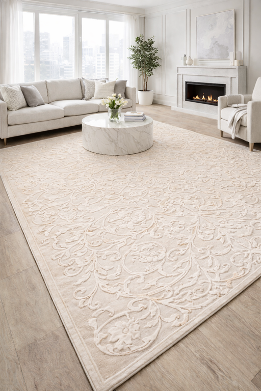 Covor crem modern amplasat in living luminos, design elegant si confortabil pentru casa