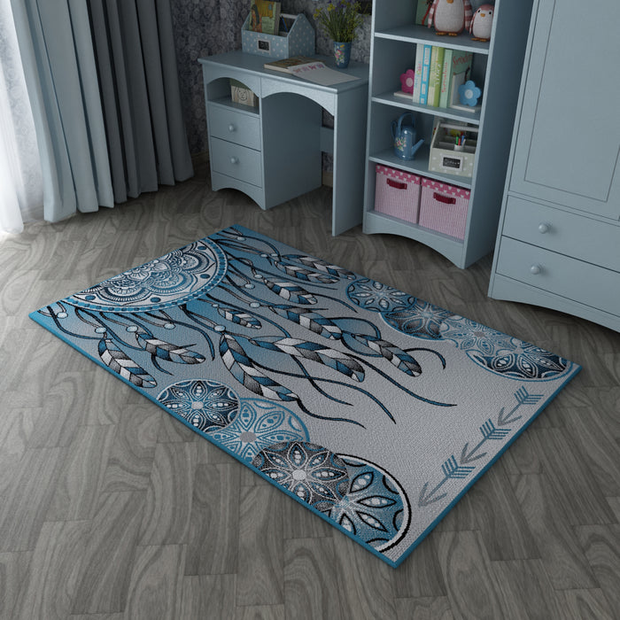 Covor modern pentru dormitor cu model decorativ si nuante de albastru, confortabil si elegant.
