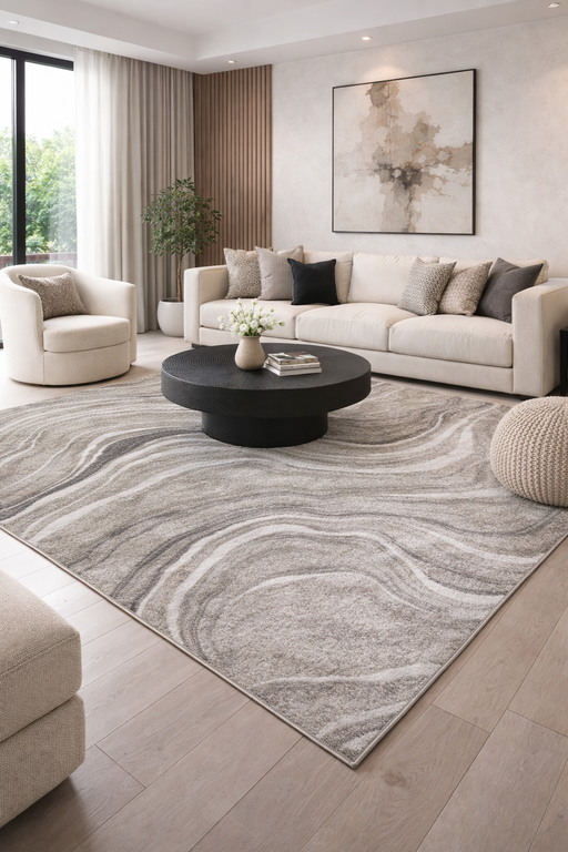 covor gri bej modern integrat intr-un living spatios