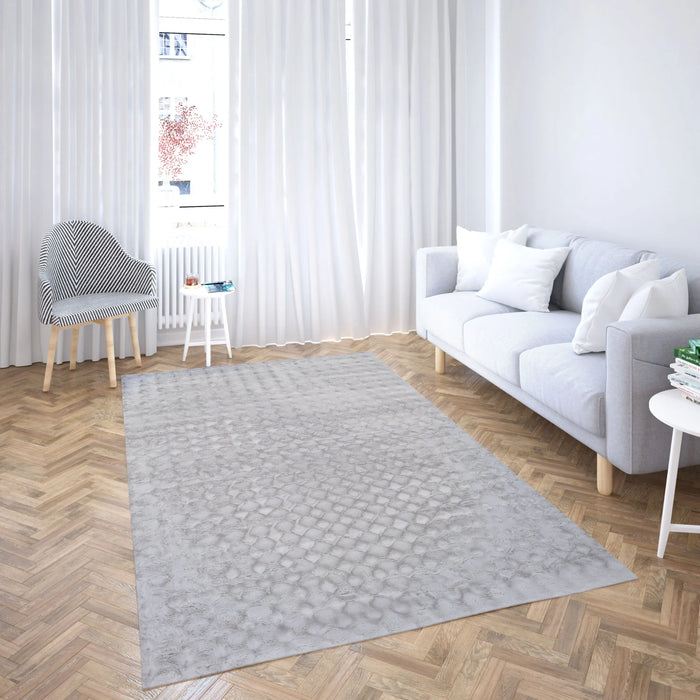 Covor gri cu efect 3D si textura geometrica, design modern ideal pentru living sau dormitor