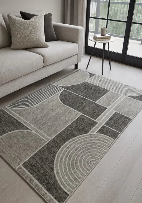 covor gri cu model geometric integrat in living modern