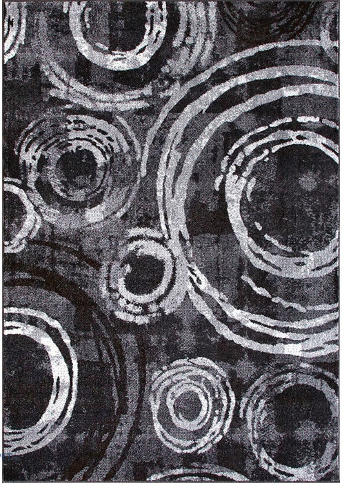 Detaliu model geometric cu cercuri gri si negru design modern pentru covor de living