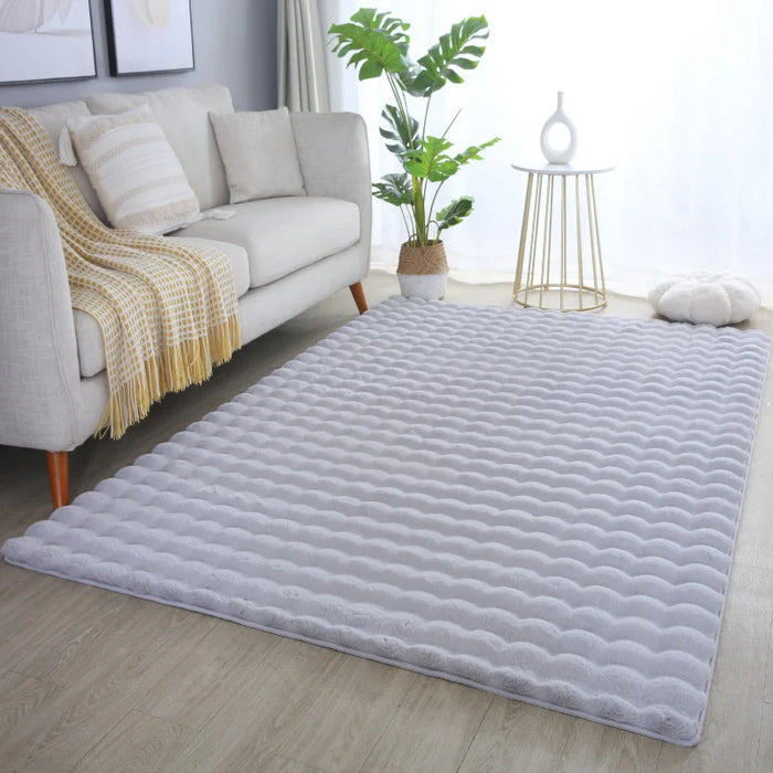 Covor gri pufos cu efect 3D pentru living, design modern si elegant, ideal pentru decor confortabil