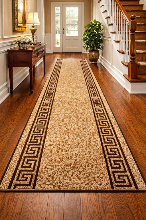 Covor hol lung bej maro model modern, traversa pentru hol lung rezistenta cu suport pasla