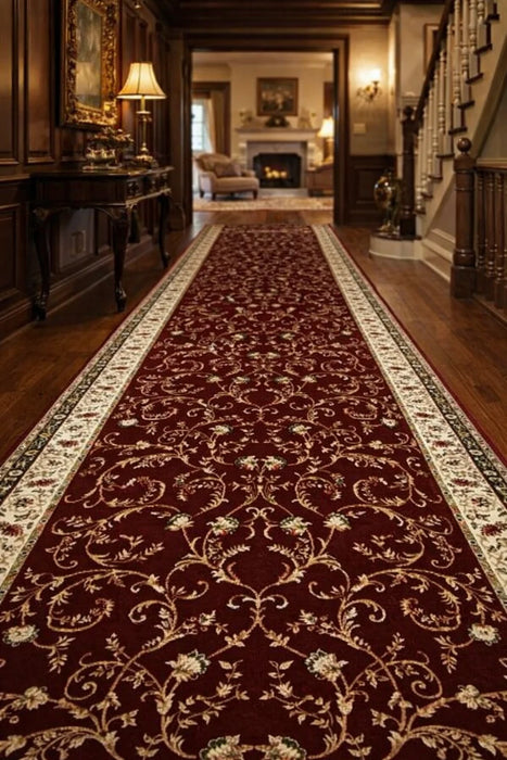 Covor hol lung visiniu stil clasic model Lotos 523 cu bordura crem eleganta