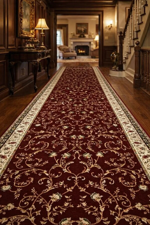Covor hol lung visiniu stil clasic model Lotos 523 cu bordura crem eleganta