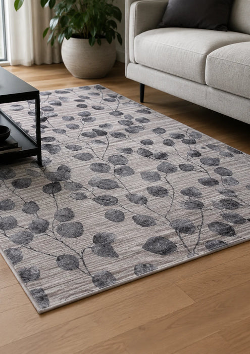 Covor living antiderapant bej cu model frunze si aspect modern pentru interior elegant