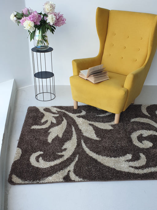 Covor living bej maro cu model decorativ, covor modern elegant pentru living sau dormitor