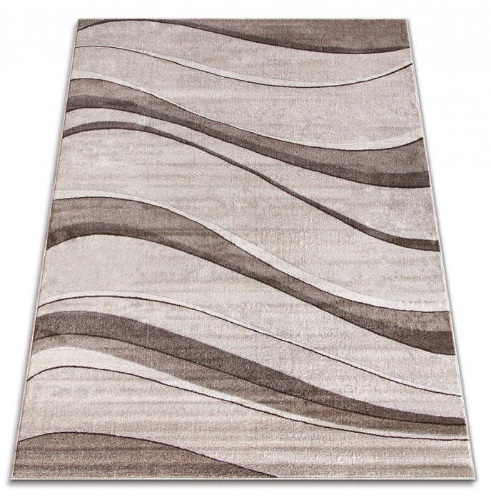 Covor living bej maro cu linii ondulate design contemporan