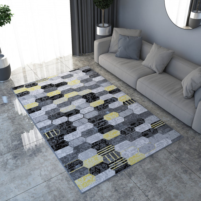 Covor living geometric modern în culori gri, alb și galben pentru decor elegant