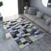 Covor living geometric modern în culori gri, alb și galben pentru decor elegant