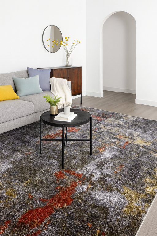 Covor living modern abstract în nuanțe gri și portocaliu, ideal pentru decor modern