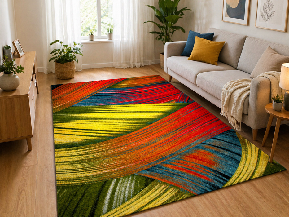covor living modern abstract multicolor intr-un living elegant cu canapea si decor luminos ideal pentru amenajare moderna si confortabila