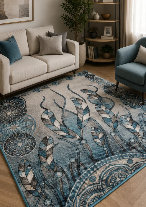 Covor living modern albastru cu model decorativ elegant, ideal pentru sufragerie si dormitor.