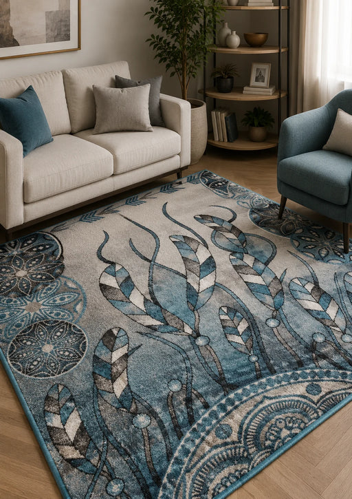 Covor living modern albastru cu model decorativ elegant, ideal pentru sufragerie si dormitor.
