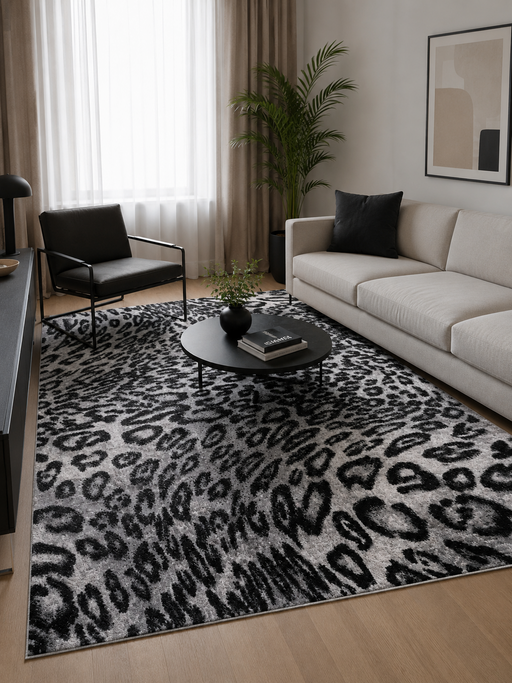 Covor living modern cu model animal print leopard, ideal pentru amenajari elegante si contemporane.