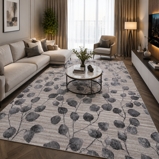 Covor living modern bej cu model floral, antiderapant si elegant pentru amenajari premium