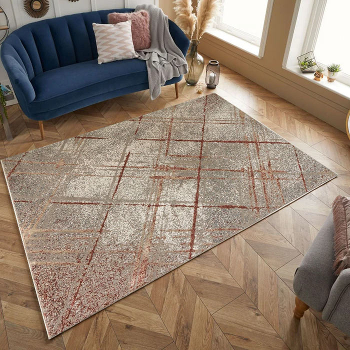 Covor modern pentru living bej cu model geometric abstract potrivit pentru sufragerie si dormitor