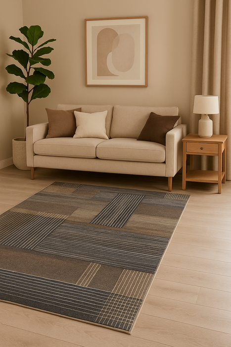 Covor living modern bej gri cu model geometric, ideal pentru amenajari elegante si contemporane