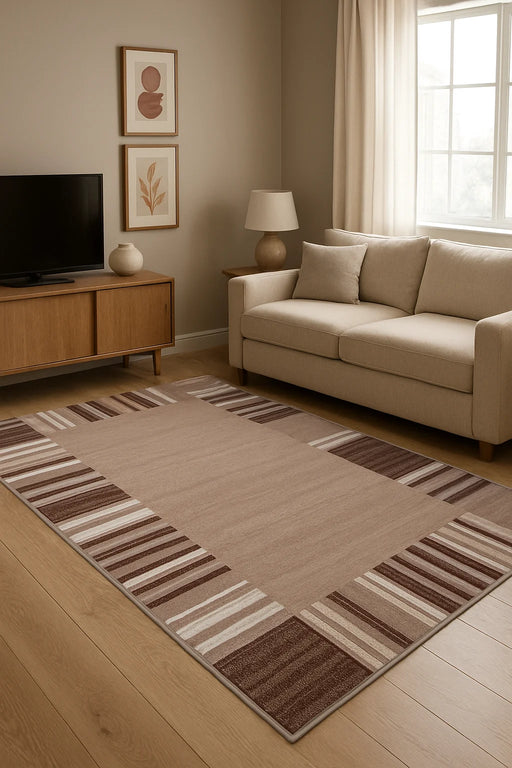 Covor living modern bej maro cu model dungi decorative, ideal pentru amenajari elegante