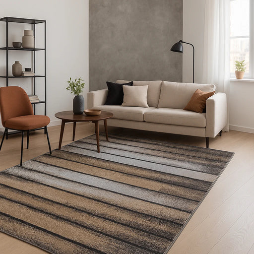 Covor living modern bej maro cu dungi, covor camera elegant si confortabil, ideal pentru decor interior