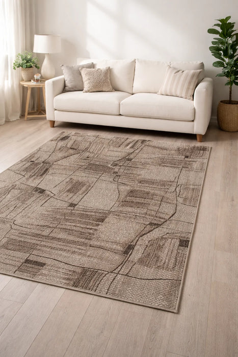 Covor living modern bej maro cu design elegant, ideal pentru amenajari moderne si confortabile