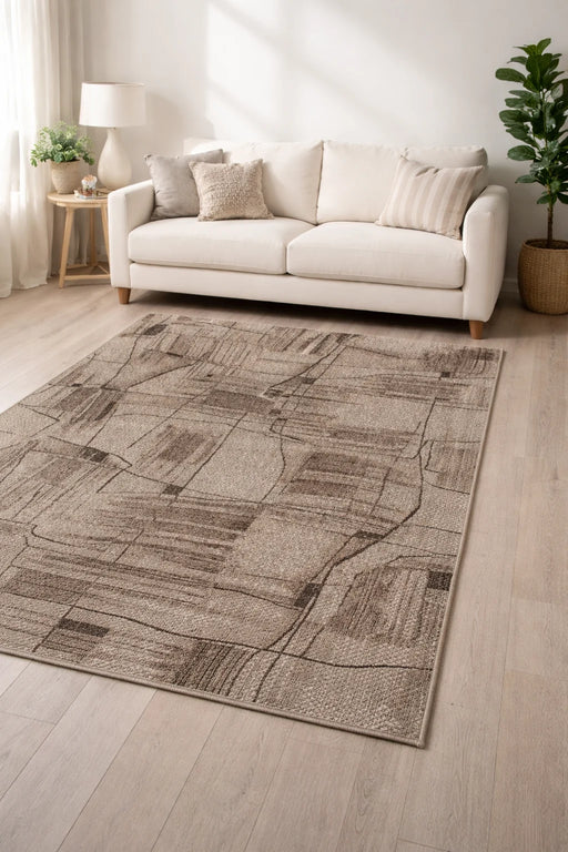 Covor living modern bej maro cu design elegant, ideal pentru amenajari moderne si confortabile