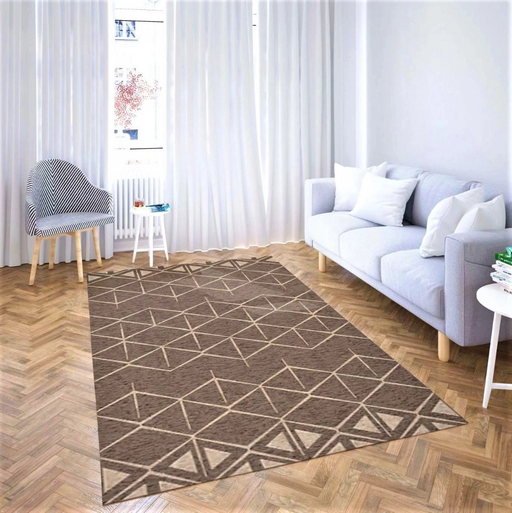 Covor living modern bej maro cu model geometric elegant pentru decor contemporan