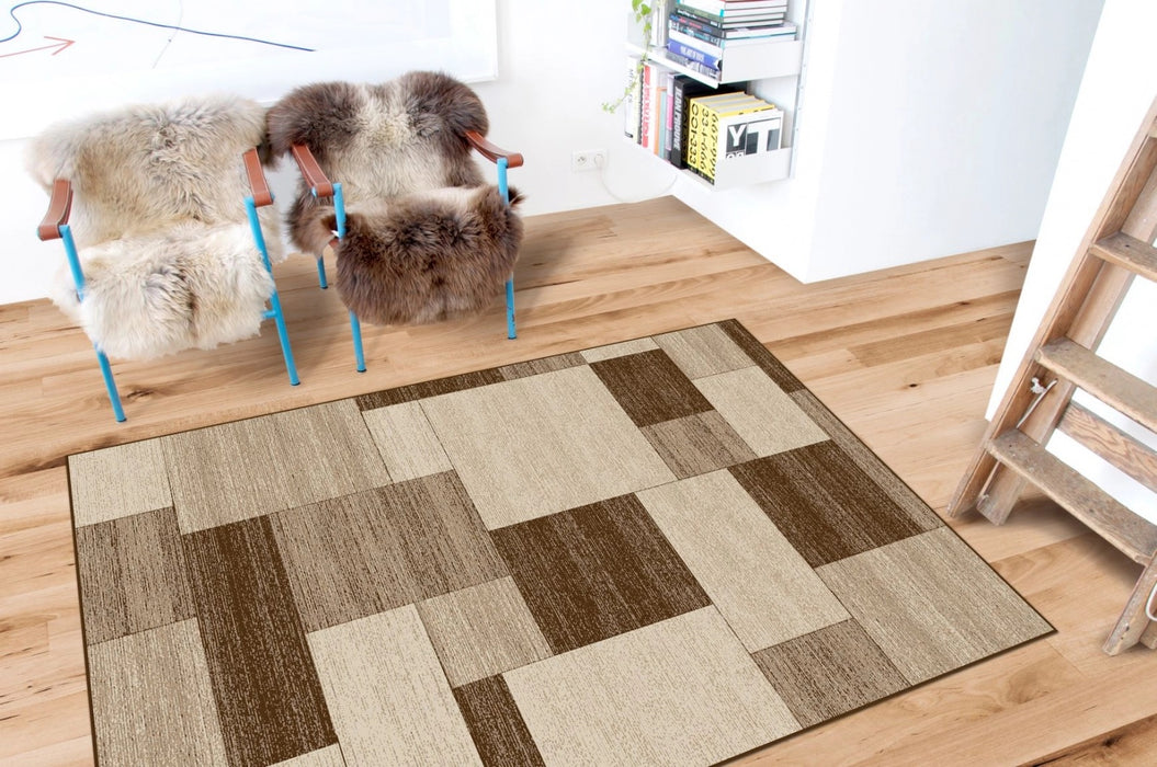 Covor living modern bej maro cu model geometric dreptunghiuri pentru decor contemporan
