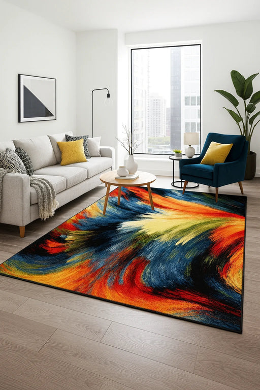 covor living modern colorat cu design abstract intr-un living elegant ideal pentru decor modern si confort