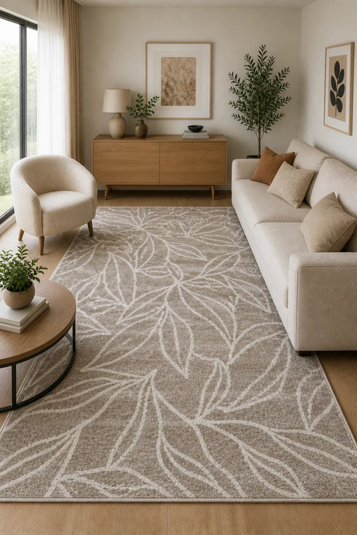 Covor living modern crem cu model frunze, antiderapant si elegant pentru living modern