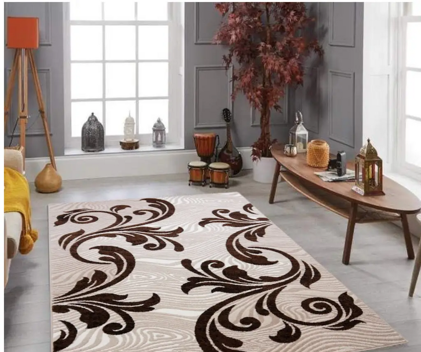 Covor living modern crem cu maro model abstract elegant pentru decor contemporan