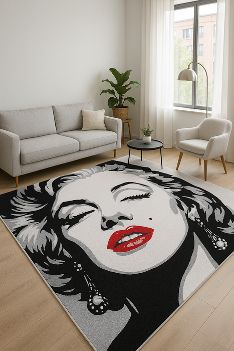 Covor living modern cu portret femeie și design pop art elegant pentru decor contemporan