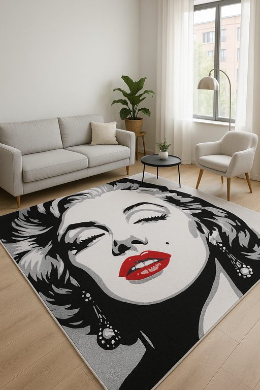 Covor living modern cu portret femeie și design pop art elegant pentru decor contemporan