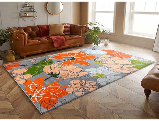 Covor living modern floral cu flori mari portocalii si design elegant, ideal pentru sufragerie si dormitor.