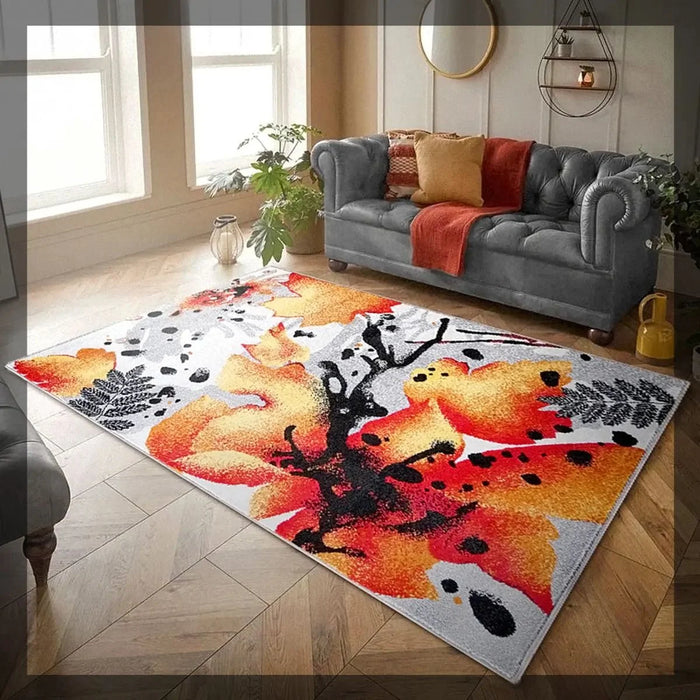 Covor living modern cu model floral portocaliu și design elegant pentru decor contemporan