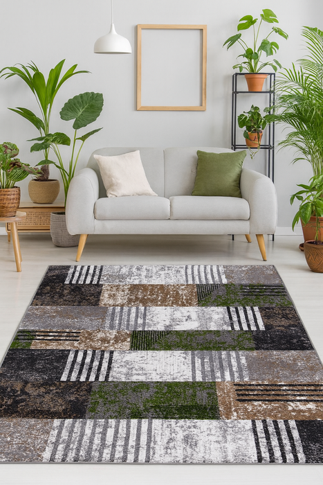 Covor living modern geometric în nuanțe gri, maro și verde pentru decor contemporan