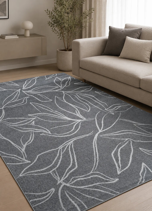 Covor living modern gri cu model frunze, antiderapant si elegant pentru living modern