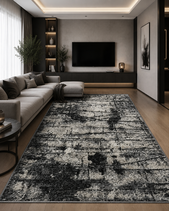 Covor living modern gri cu design abstract, antiderapant si elegant pentru living premium