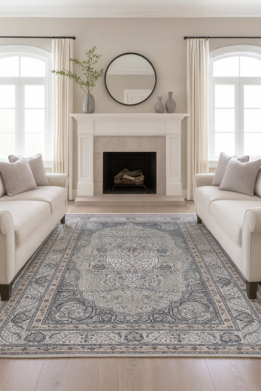 Covor living modern gri elegant cu model clasic decorativ potrivit pentru sufragerie si zona canapea