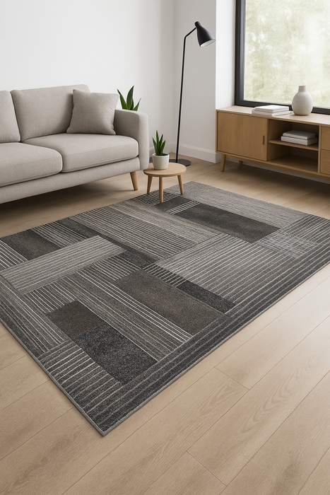 Covor living modern gri cu model geometric, ideal pentru amenajari elegante si contemporane