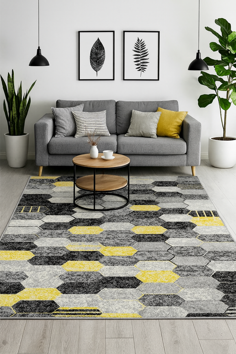 Covor living modern cu model hexagon în nuanțe gri și galben pentru decor modern