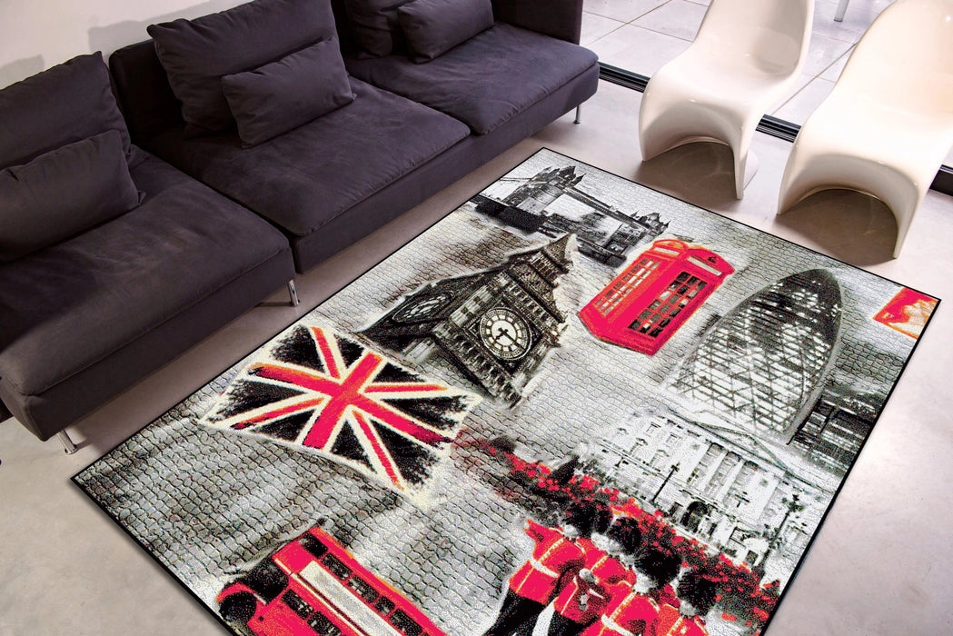 Covor living modern cu tematica Londra, design decorativ cu steagul Marii Britanii si accente rosii elegante.