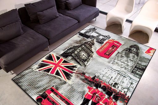 Covor living modern cu tematica Londra, design decorativ cu steagul Marii Britanii si accente rosii elegante.