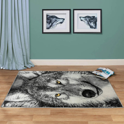 Covor living modern cu lup gri și design animal print pentru decor contemporan