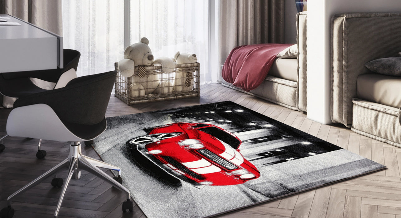 Covor living modern cu mașină sport roșie și design premium pentru decor modern