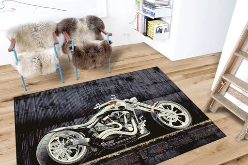 covor modern pentru living cu model motocicleta design 3d in nuante de negru si gri ideal pentru decor masculin