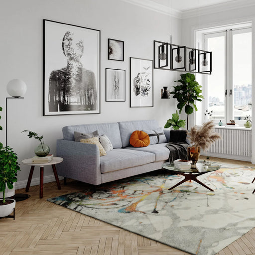 Covor living modern multicolor cu design elegant, ideal pentru sufragerie si amenajari interioare moderne.