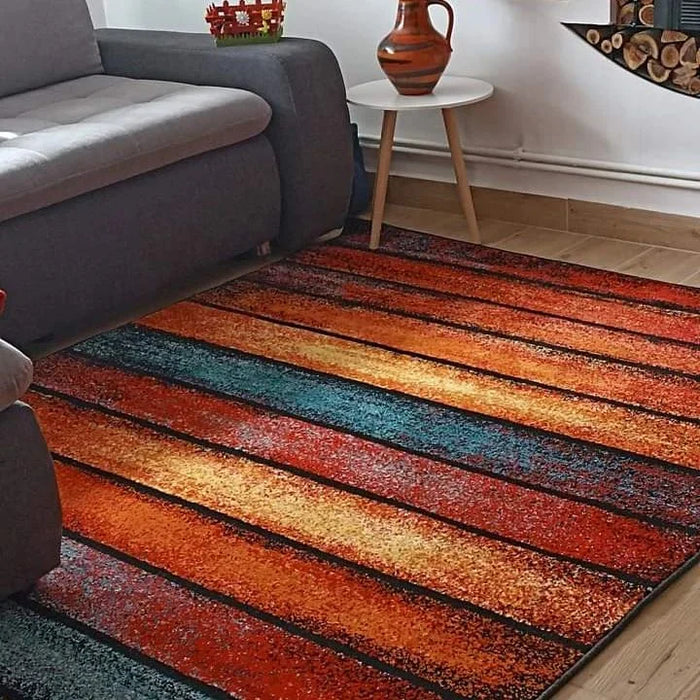 Covor living modern multicolor cu dungi, covor camera confortabil si potrivit pentru decor contemporan